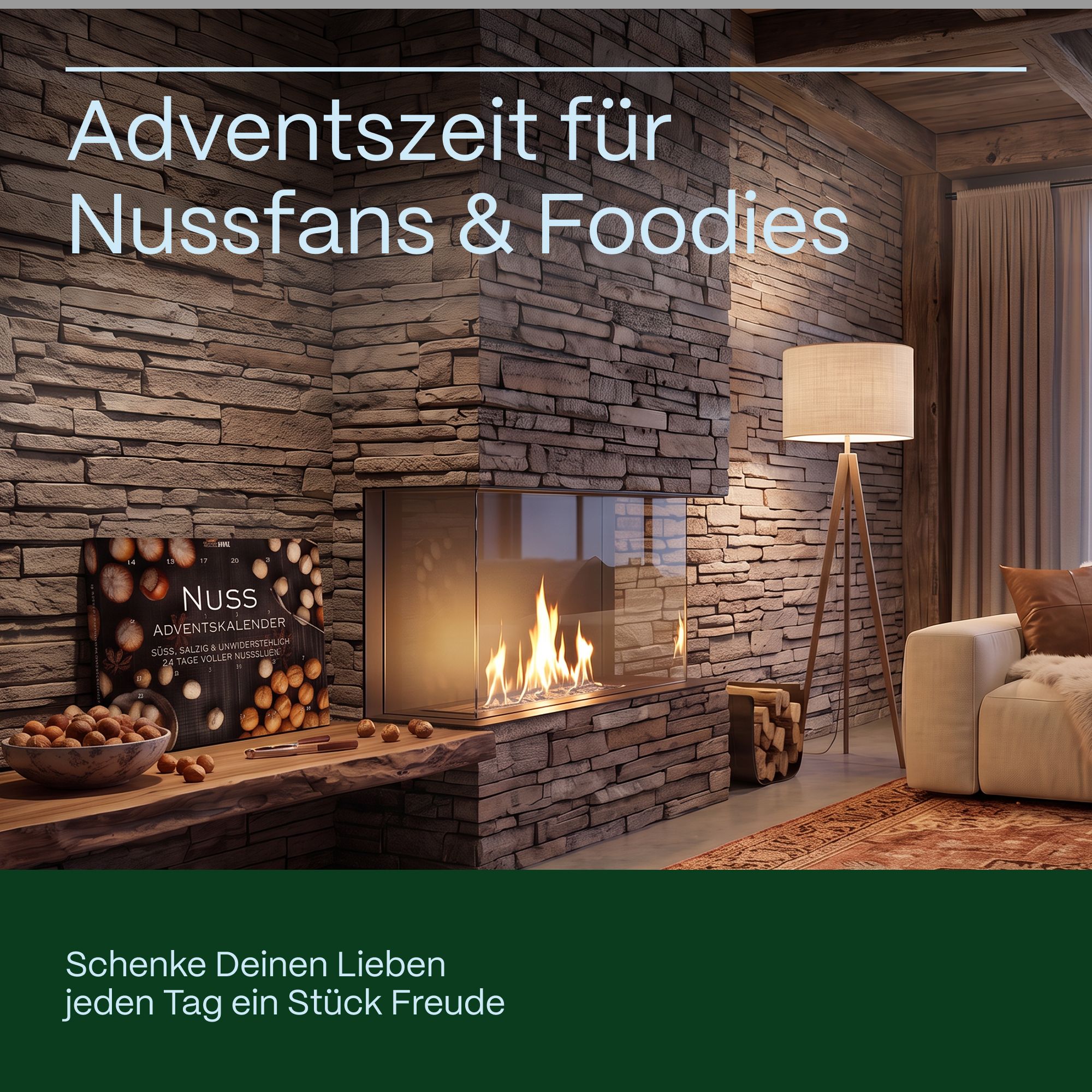 Nuss Adventskalender in gemütlicher Wohnzimmer-Atmosphäre am Kamin.