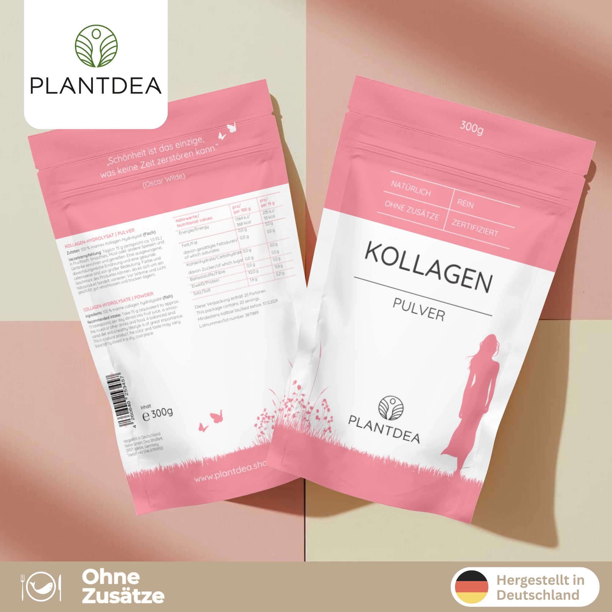 Zwei rosa Beutel mit weißem Etikett. Aufschrift: Kollagen Pulver. Logo und Schriftzug Plantdea. Hergestellt in Deutschland. Ohne Zusätze.