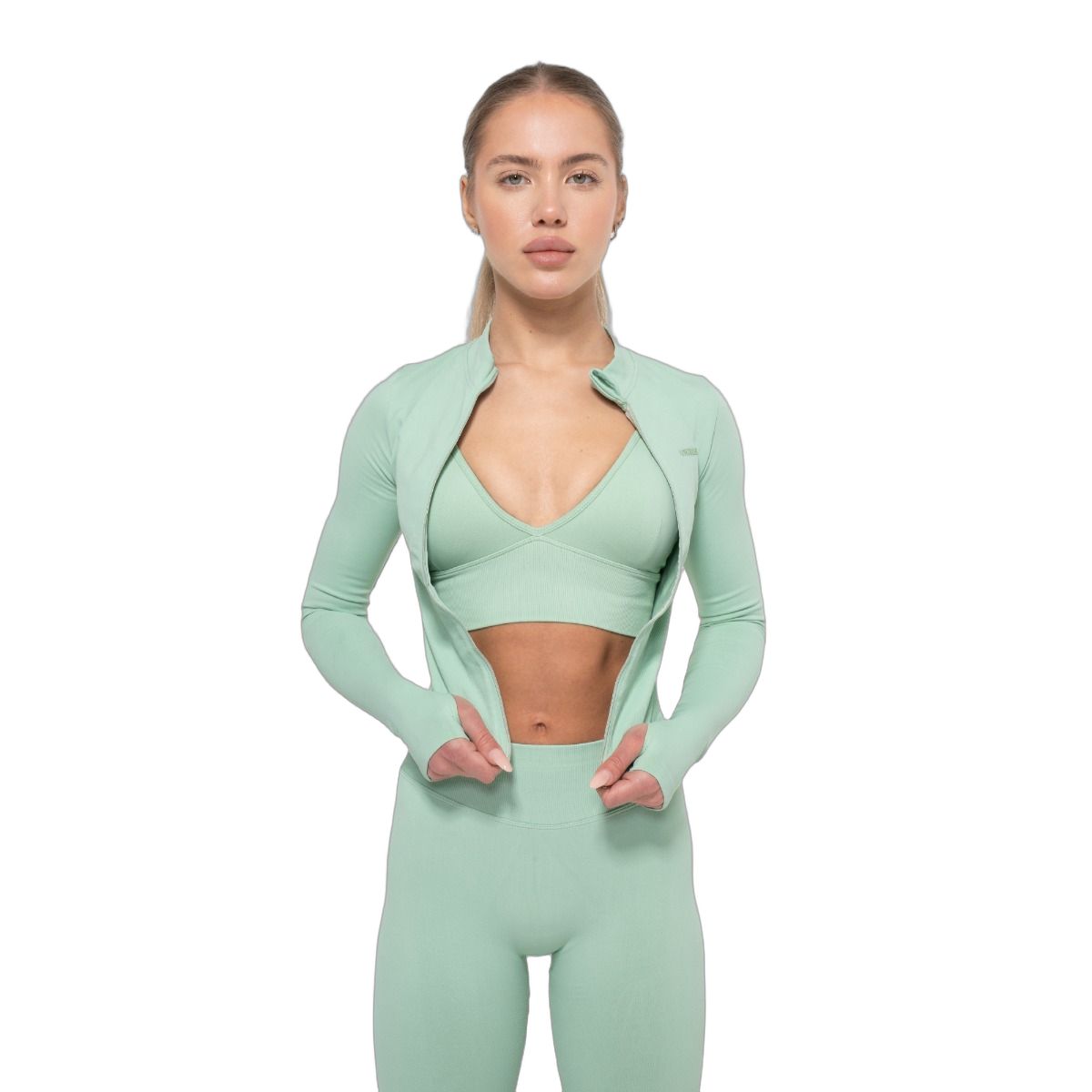 GymBeam Sport-Top Damen Slim-Fit Langarm mit Reißverschluss Pistachio