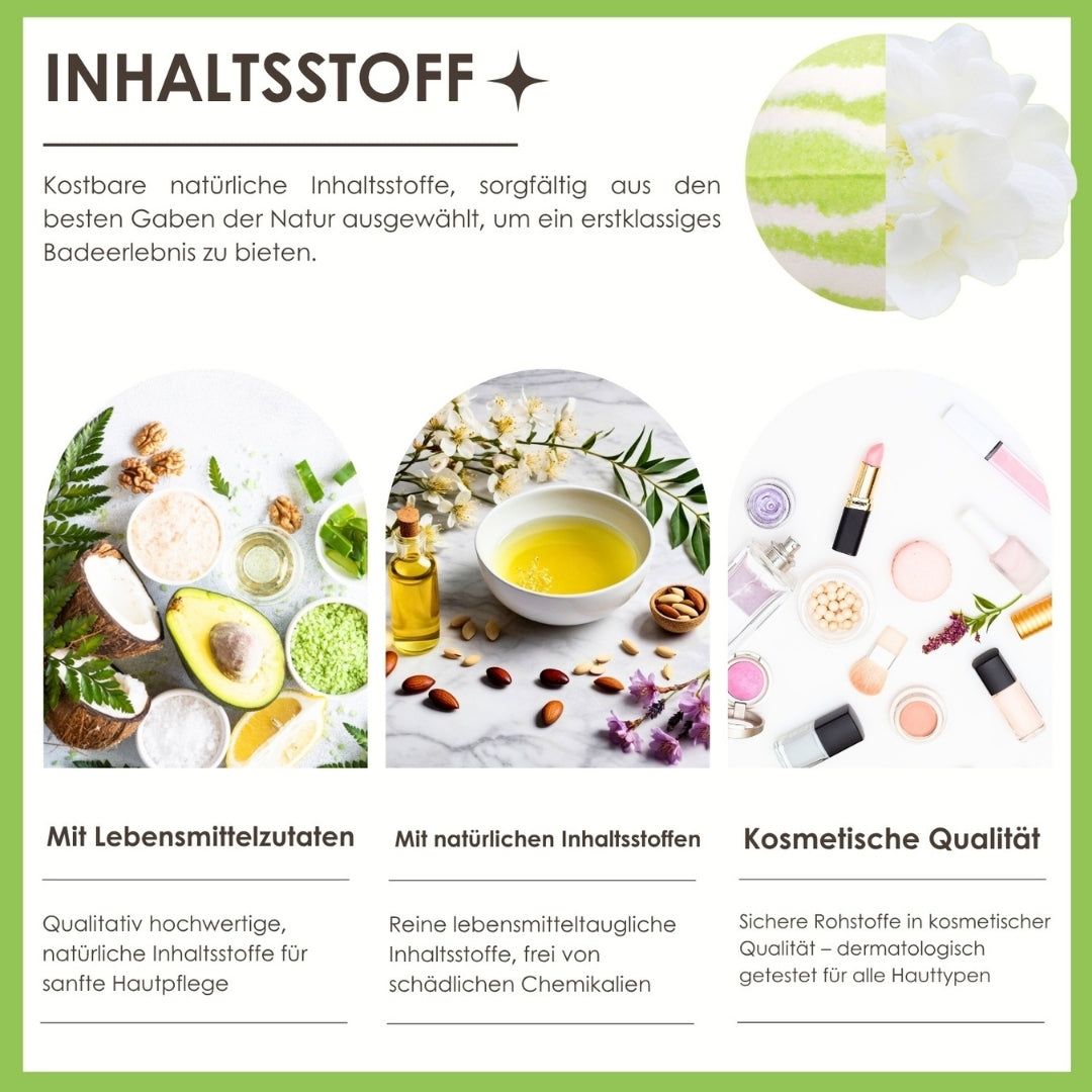 Infografik mit Inhaltsstoffen. Zutaten wie Avocado, Öl, Mandeln. Text: Mit Lebensmitteln, natürlichen Inhaltsstoffen.
