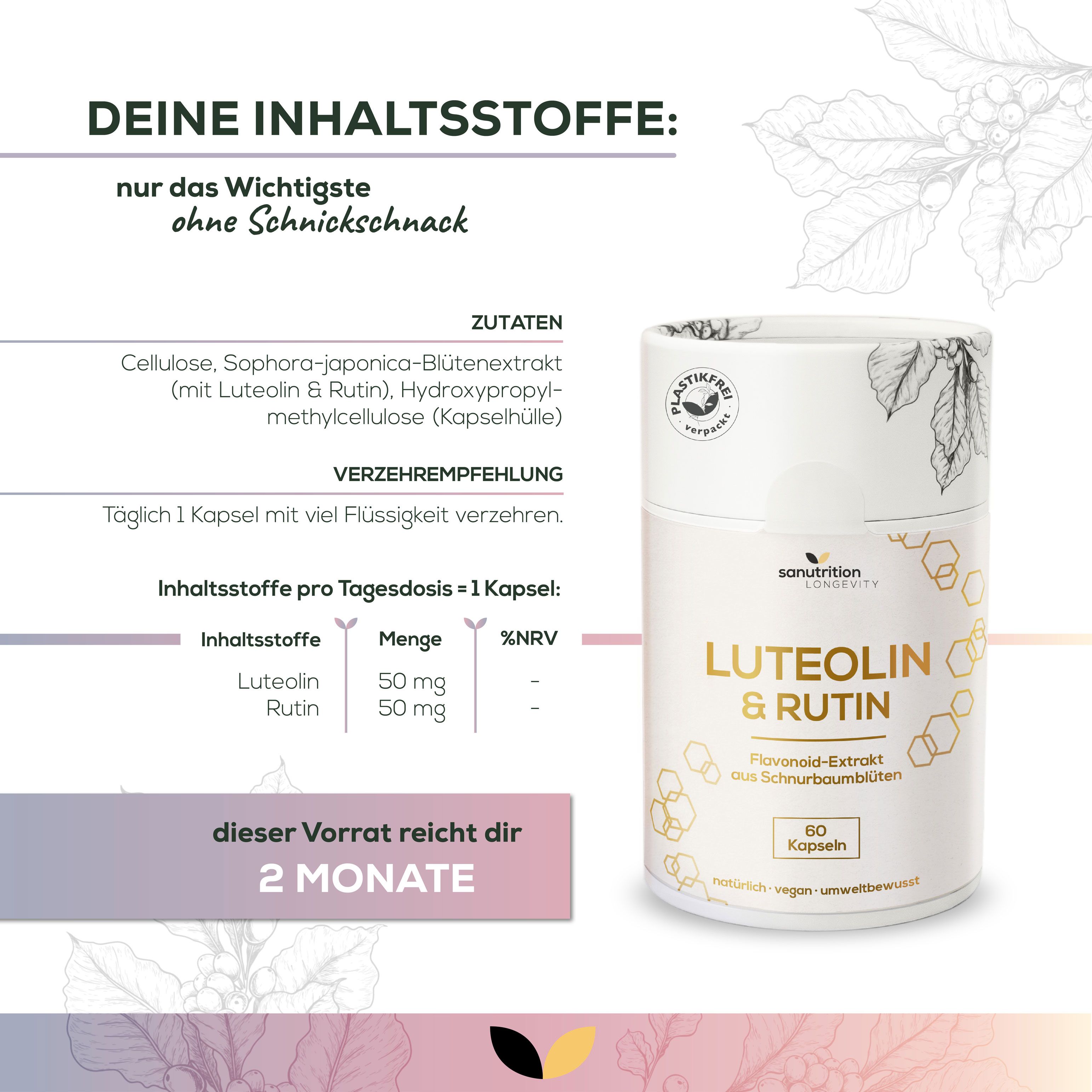 Sanutrition Luteolin & Rutin Dose mit Zutatenliste und Nährwertangaben pro Kapsel.
