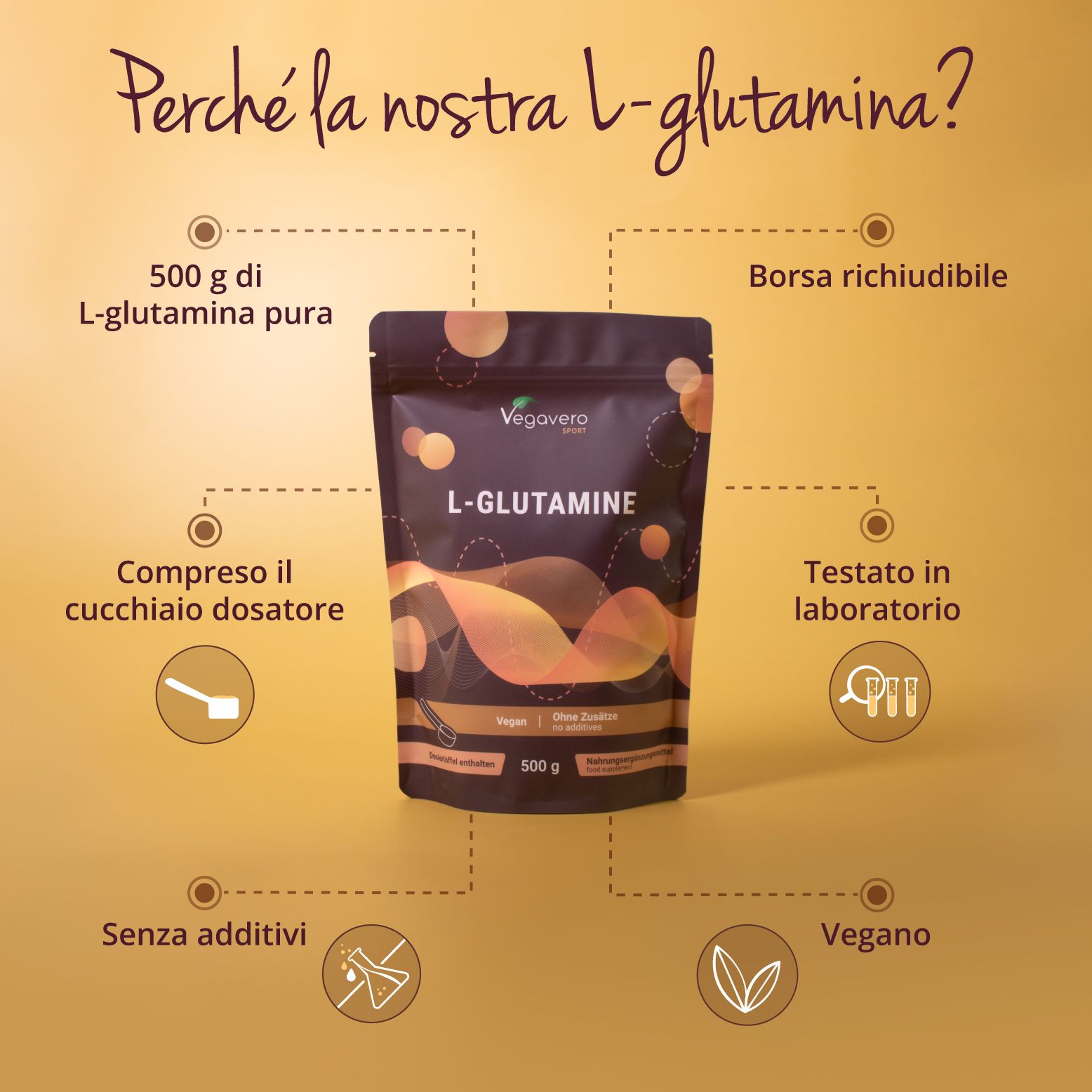 Busta del prodotto con L-Glutammina. Scritta: 500 g, senza additivi, vegano, con misurino. Produzione tedesca.