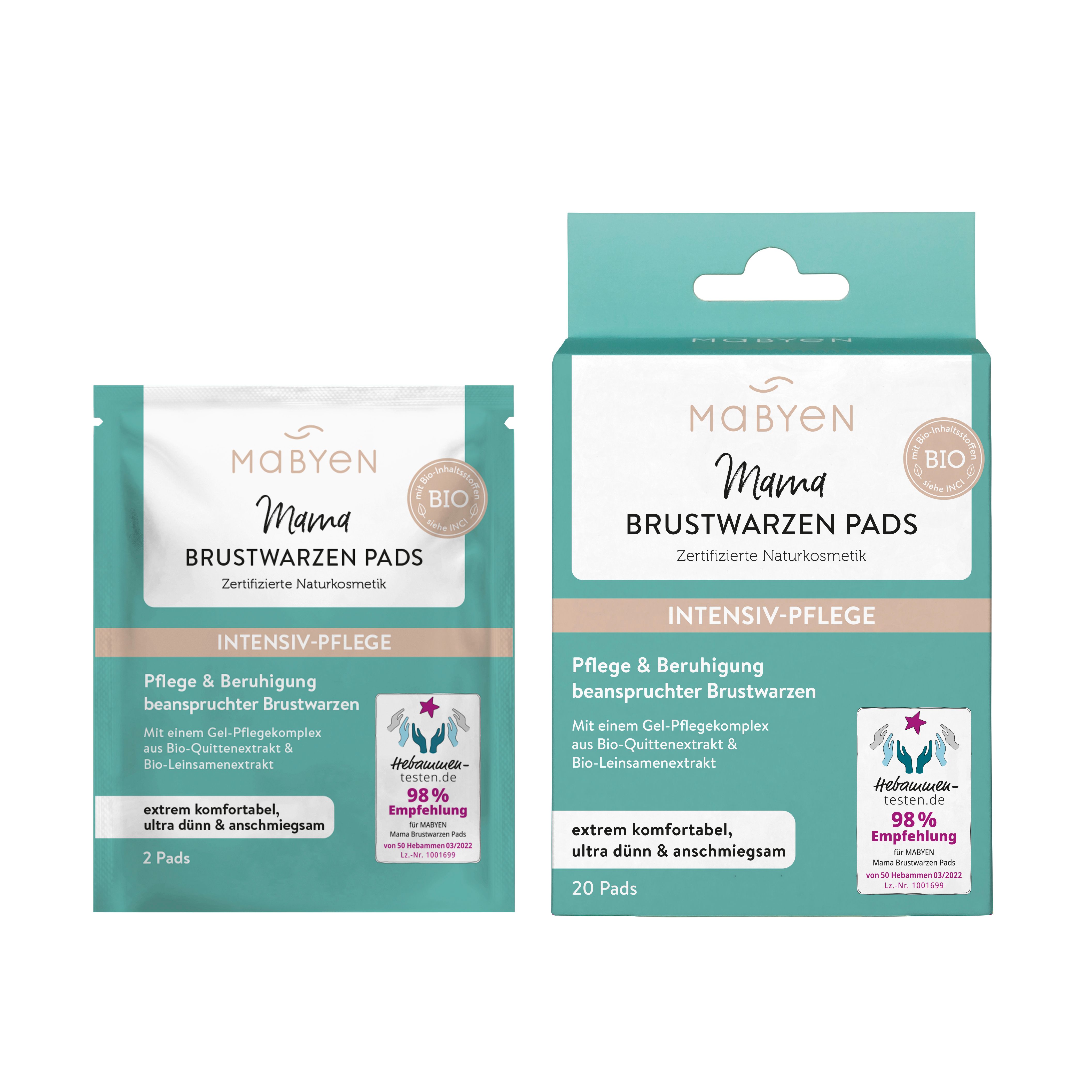 Zwei Packungen MABYEN Mama Brustwarzen Pads. Eine Packung mit 2 Pads, die andere mit 20 Pads. Beide in türkis-weiß Verpackung.