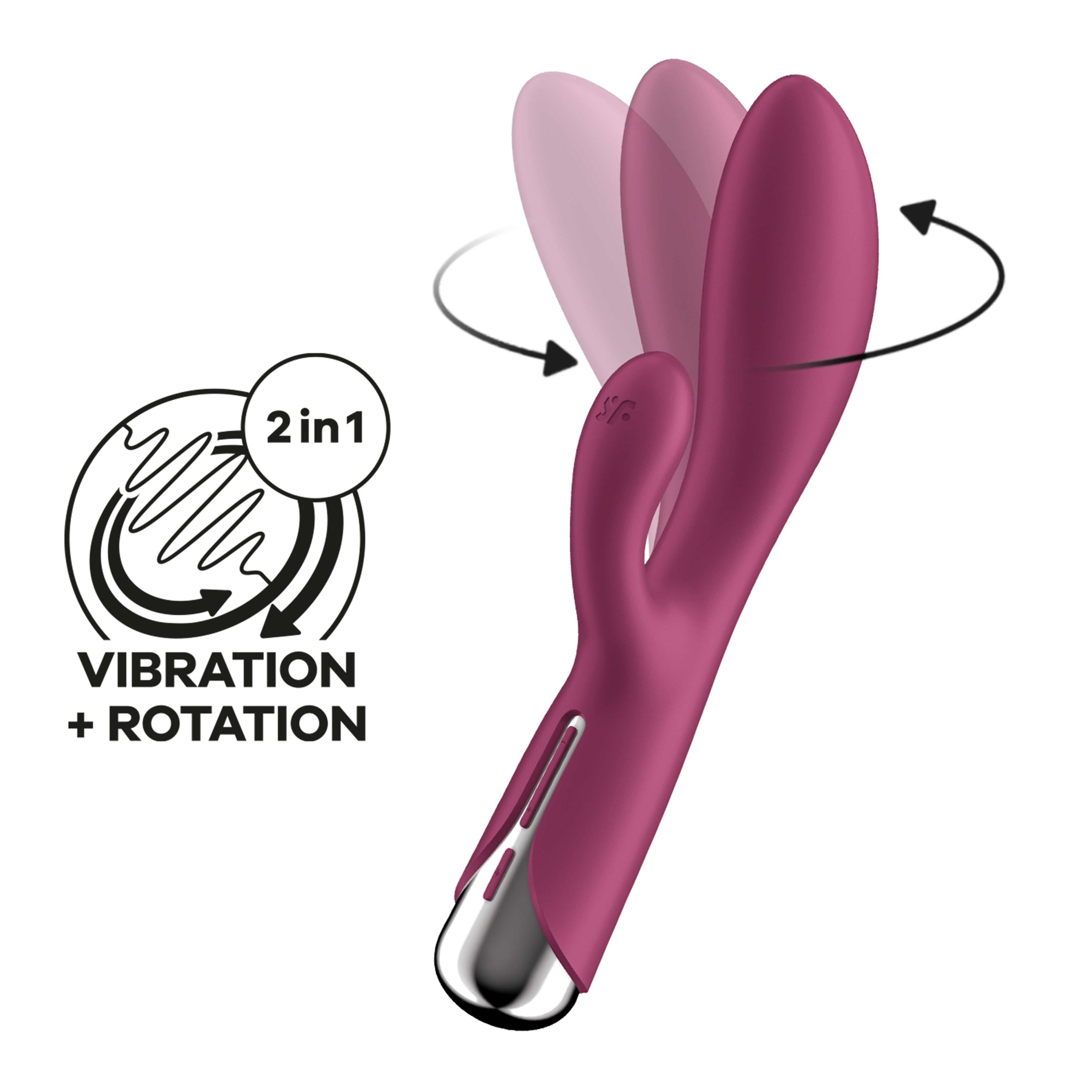 Burgunderfarbener Vibrator mit drehendem Element. 2in1-Funktion: Vibration + Rotation. Silberfarbene Basis.