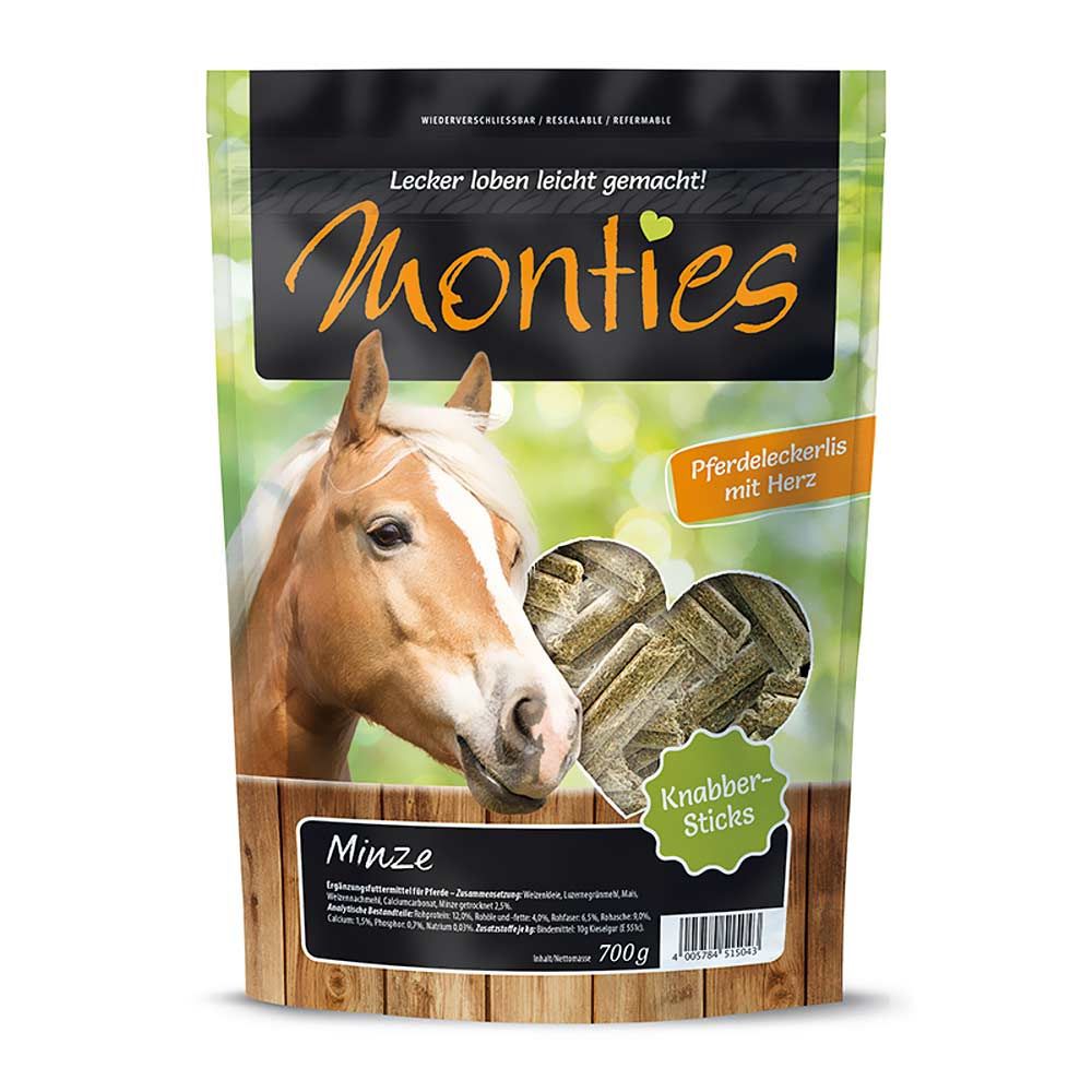 Verpackung mit Pferde-Snack Minze. Abbildung eines Pferdekopfes. Herzförmige Anordnung von Knabber-Sticks. Text: Monties, Minze, 700g.