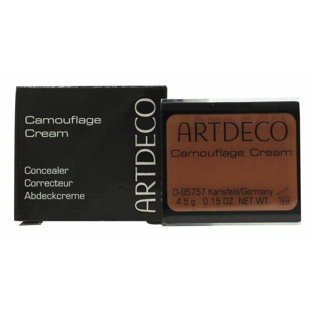 Artdeco Camouflage Cream, braun, in rechteckiger Dose und Verpackung. Text: Concealer, Correcteur, Abdeckcreme.