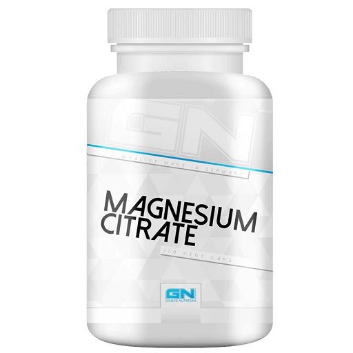 GN Magnesium Citrat. Weiße Kapsel-Dose mit blauem Streifen. Schriftzug: Magnesium Citrate. 120 Vegi Caps.