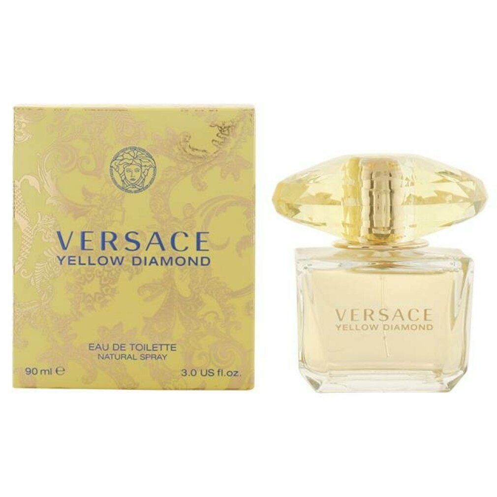Gelbe Parfumflasche und Schachtel. Aufschrift: Versace Yellow Diamond. Flakon mit gelbem Deckel.