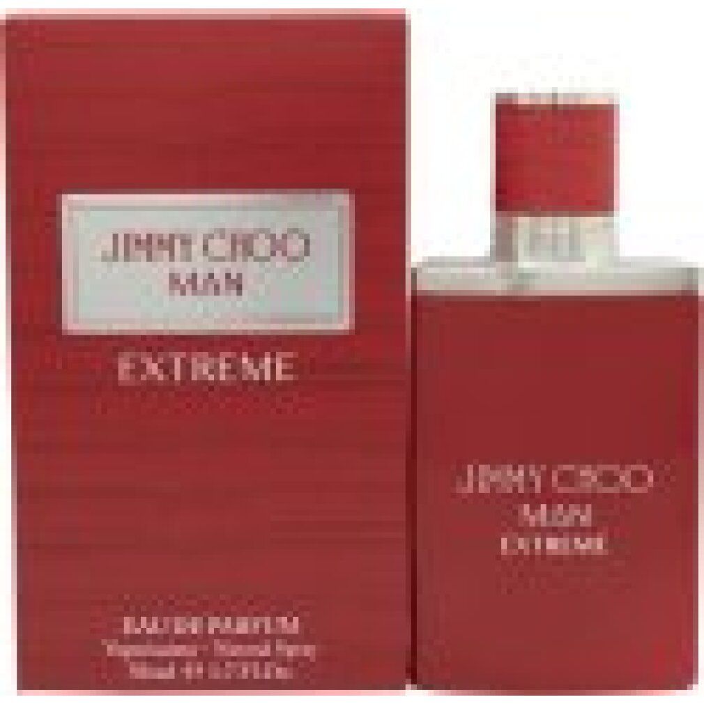 Rotes Parfümflakon und Verpackung. Aufschrift: JIMMY CHOO MAN EXTREME. Eau de Parfum. 50 ml.