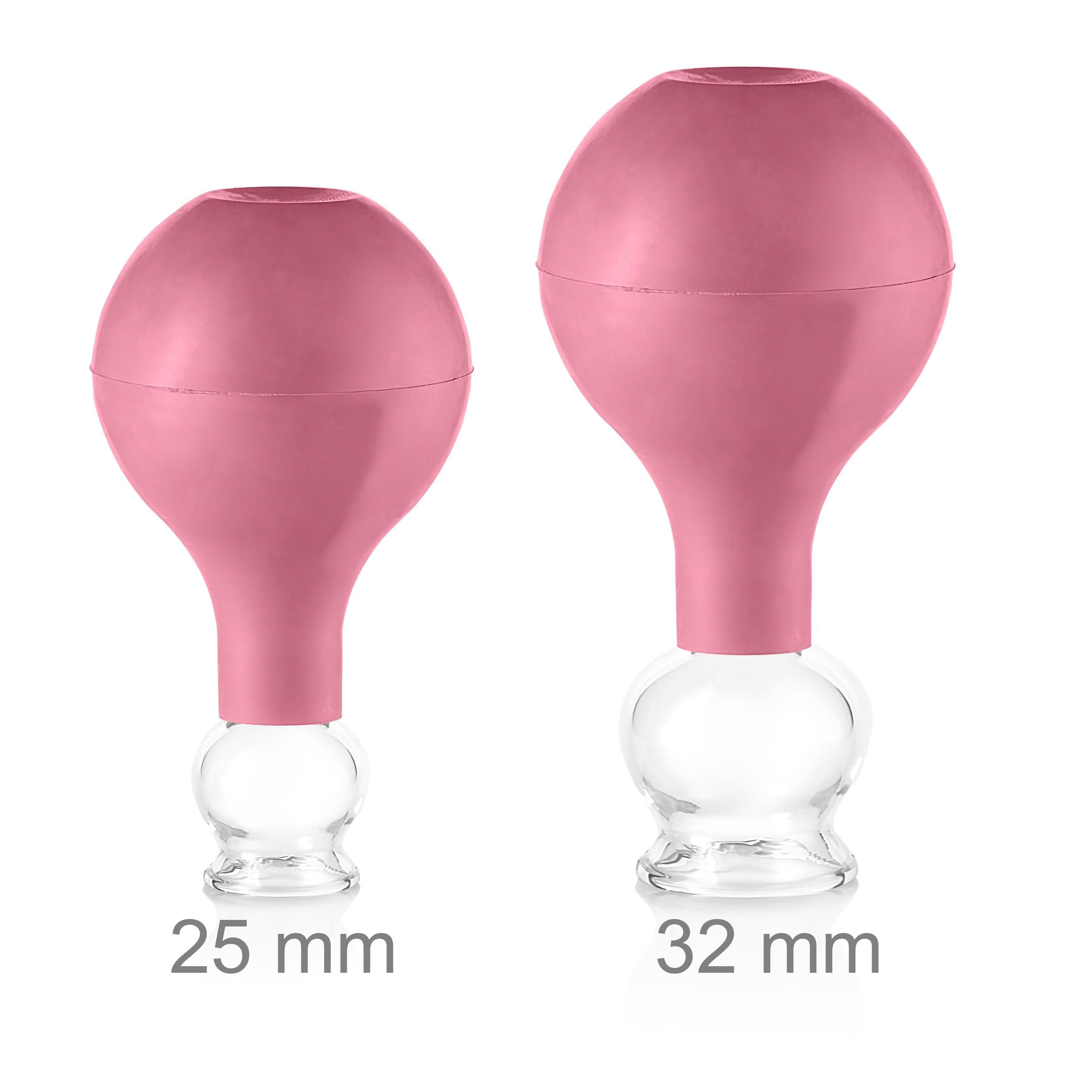 Pulox Schröpfgläser aus Echtglas mit Saugball - Set Duo klein in Pink: 25mm, 32mm 2 St