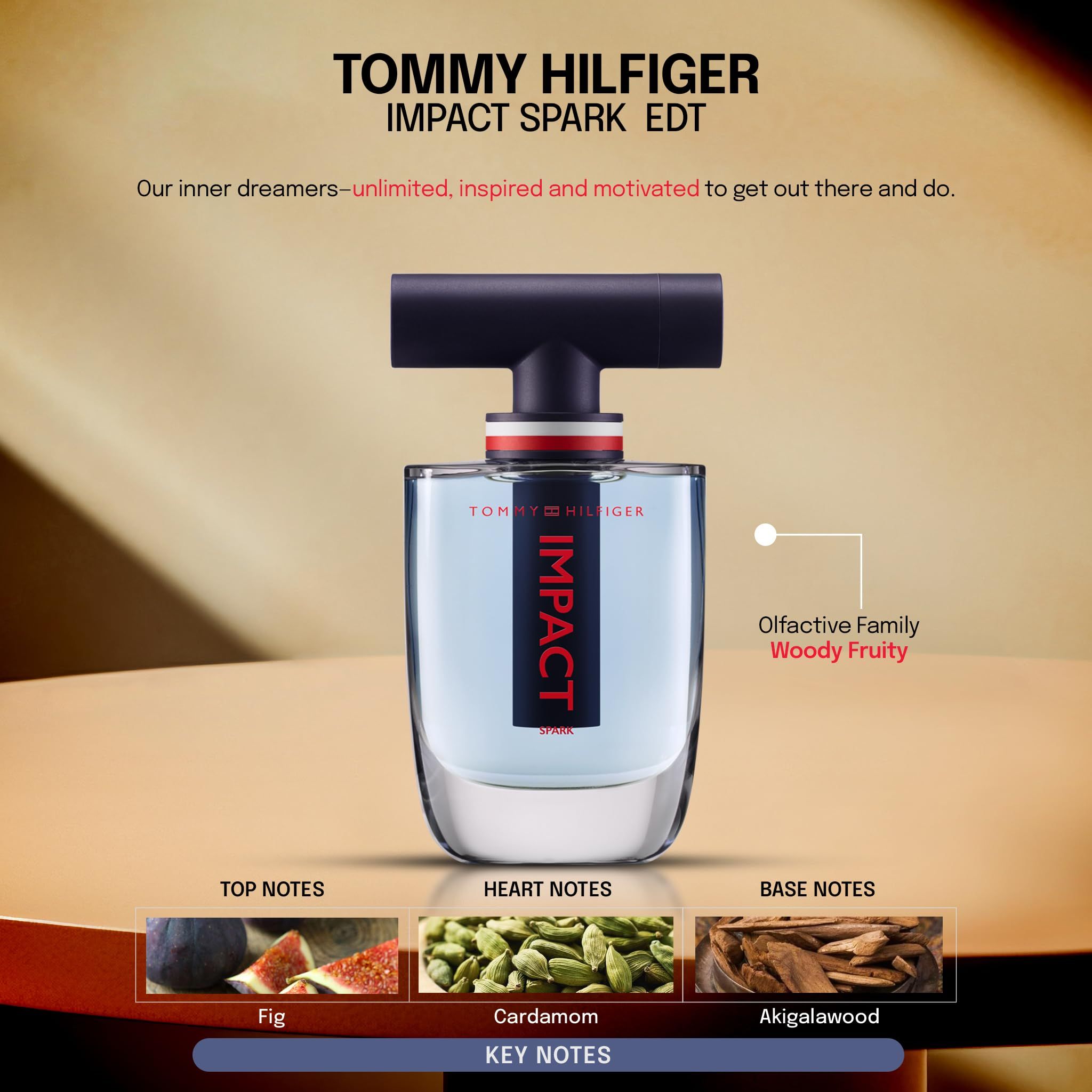 Tommy Hilfiger Impact Spark Eau de Toilette. Flakon mit Noten von Feige, Kardamom und Akigalawood.