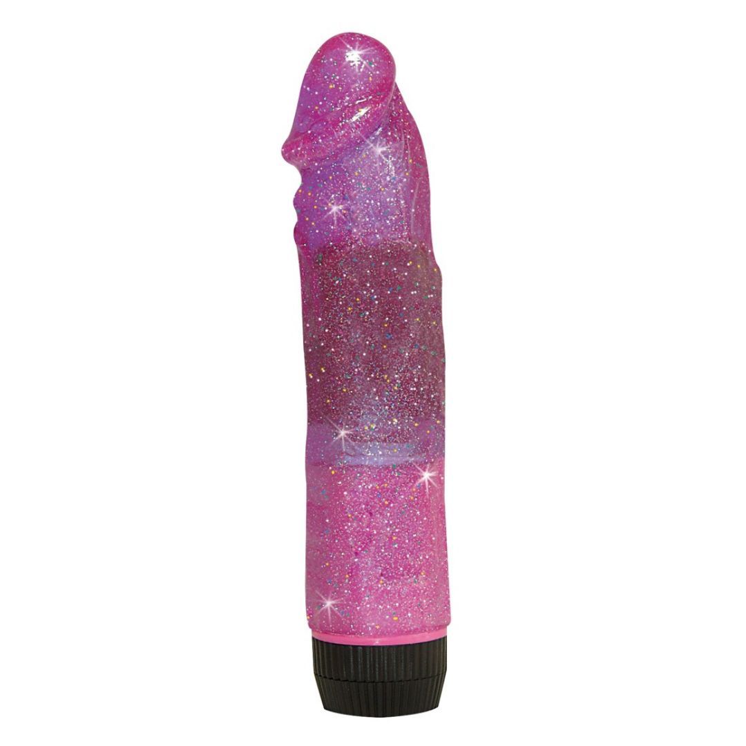Lila Vibrator mit Glitzer. Zylindrische Form, geriffelte Oberfläche. Schwarzer Sockel.