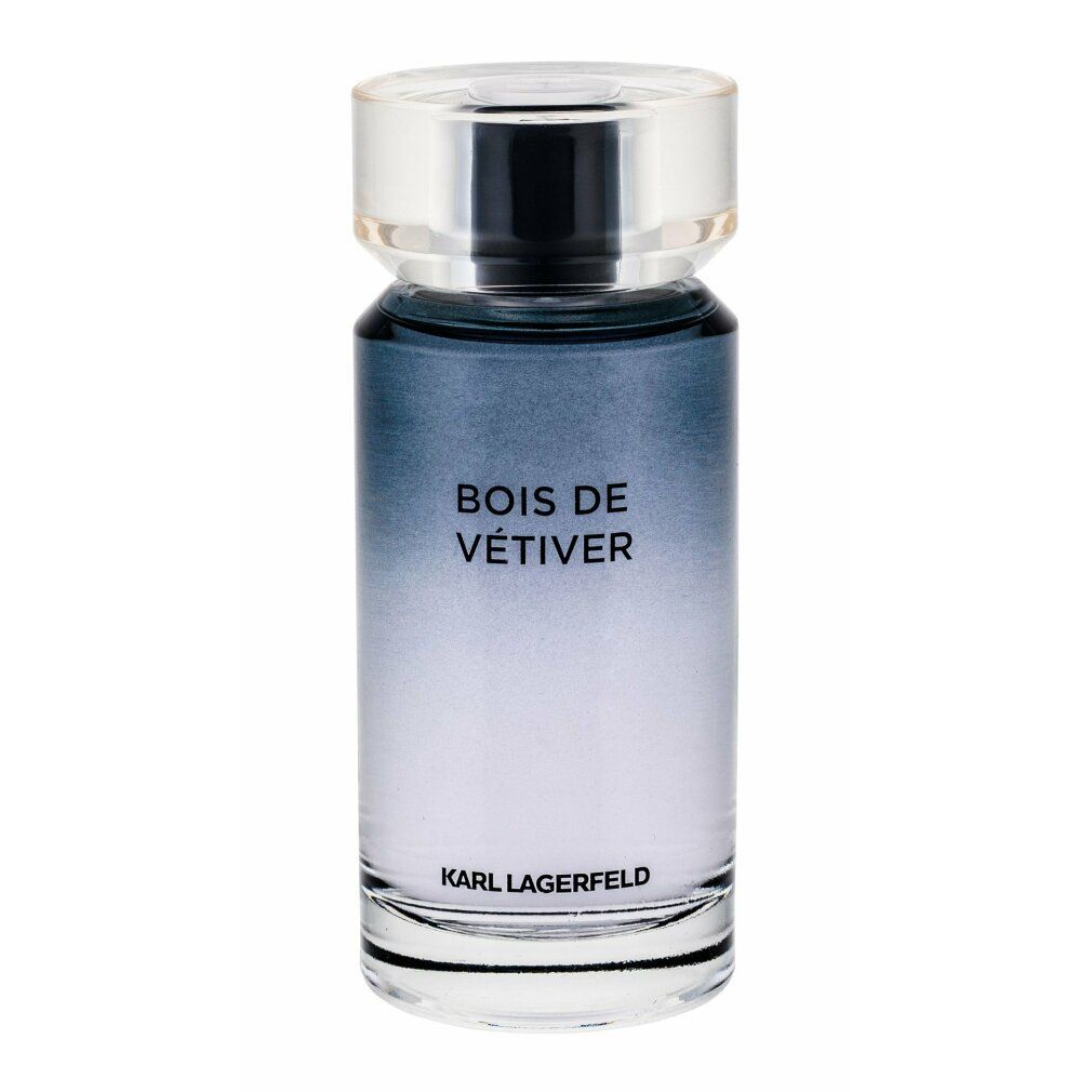 Karl Lagerfeld Bois de Vétiver Eau de Toilette Spray. Glasflakon mit Deckel. Produktname und Markenname auf dem Flakon. Farbverlauf von blau nach transparent.