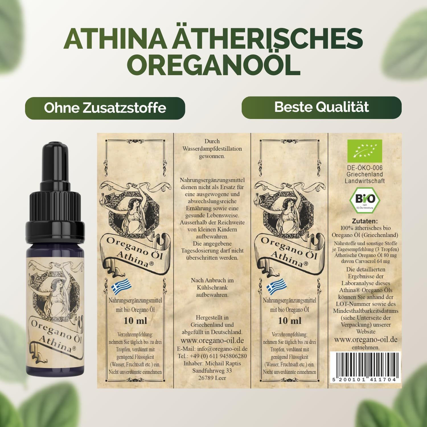 Dunkelviolette Glasflasche mit Pipette, gefüllt mit Oreganoöl. Das Etikett zeigt "Oregano Öl Athina" und "10 ml".