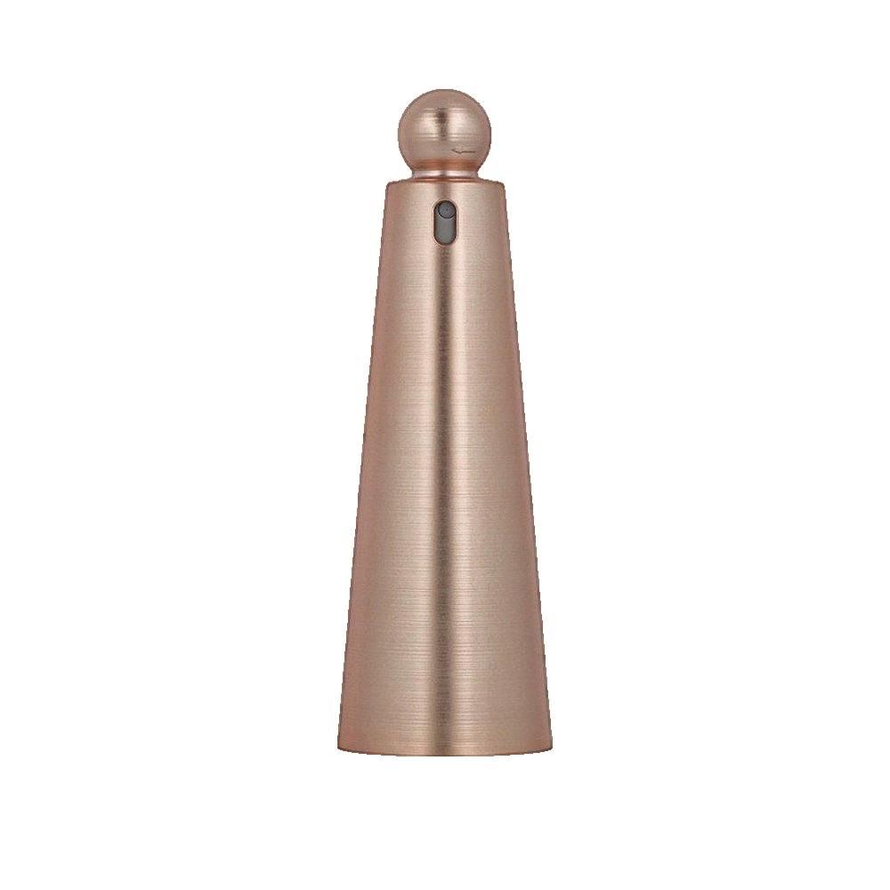 Konisch geformter Flakon mit Kugelverschluss. Metallisch-rosafarbene Oberfläche. Kleines, dunkles Element unterhalb des Verschlusses.