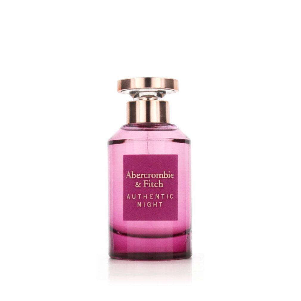 Abercrombie & Fitch Authentic Night Flakon. Lila Glasflakon mit goldfarbenem Verschluss. Rechteckiges Etikett mit Text.