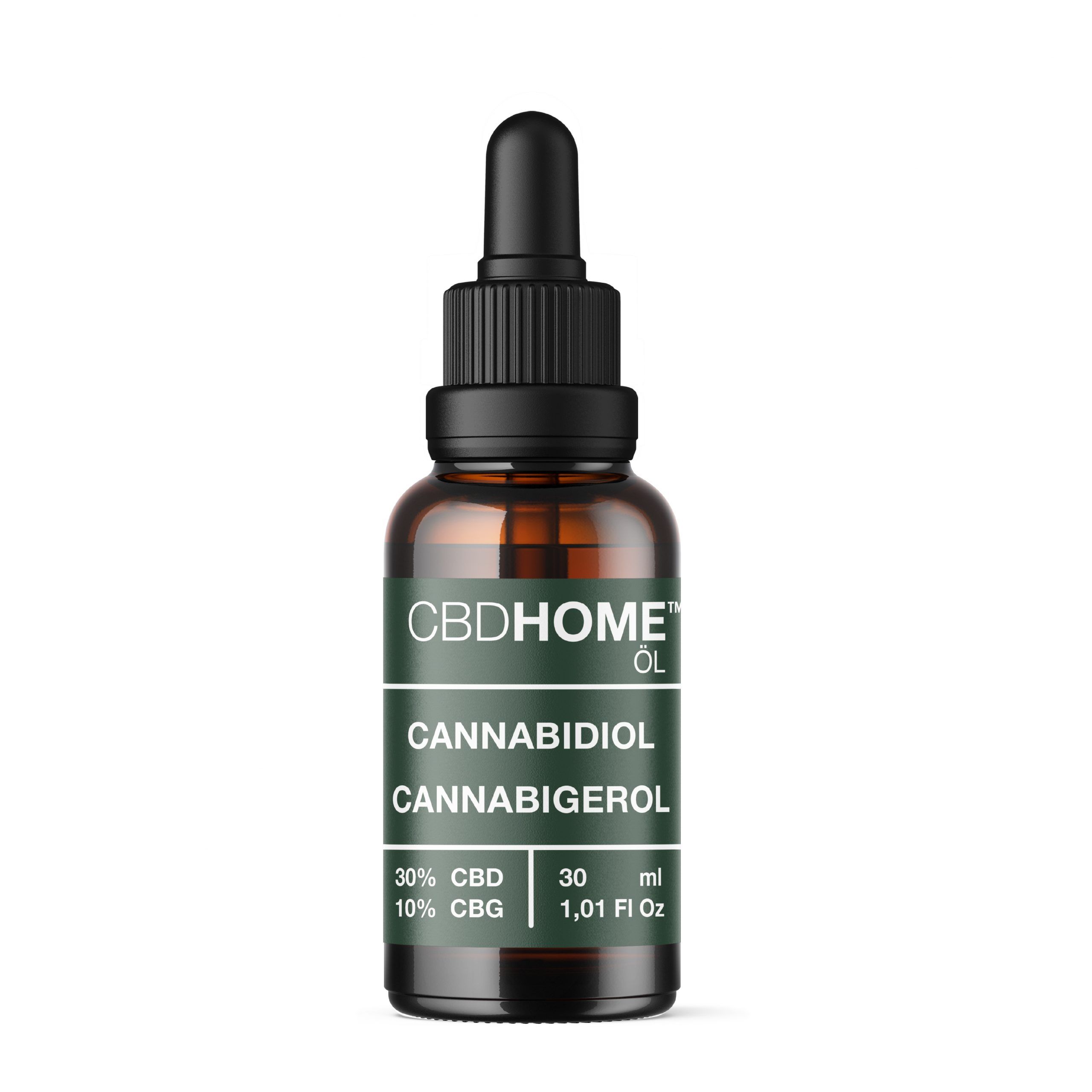 CBDHOME Öl Flasche mit Pipette. Enthält 30% CBD, 10% CBG.