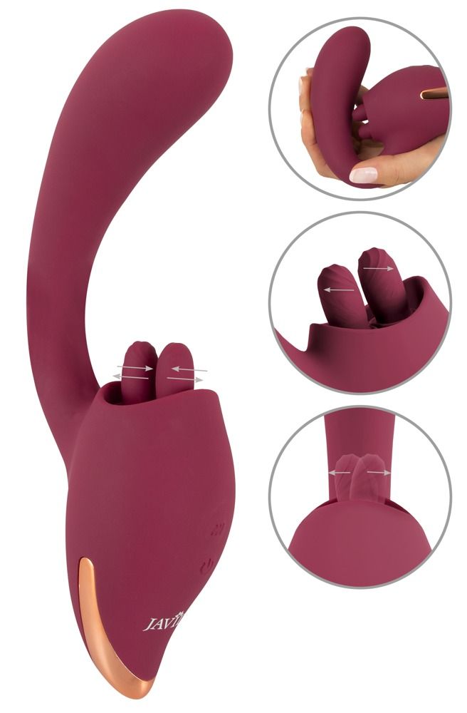 Burgunderfarbener Vibrator mit Zungen-Stimulator. Goldfarbene Akzente. Mehrere Detailansichten.