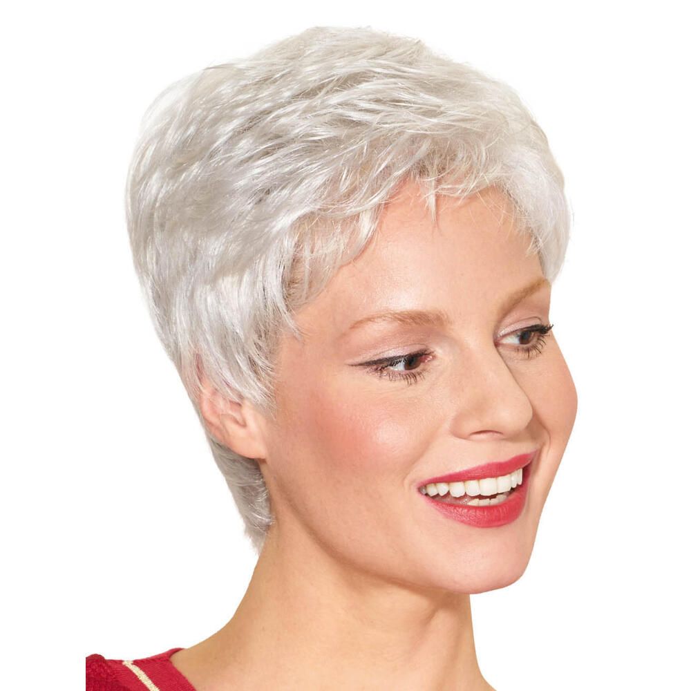 Silberne Kurzhaarperücke, Dreiviertelansicht einer Frau.