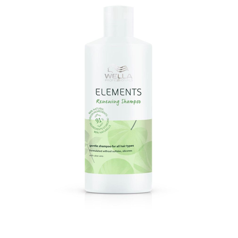 Weiße Flasche Wella Elements Shampoo. Aufschrift: Renewing Shampoo, 91% natürliche Inhaltsstoffe. Für alle Haartypen.
