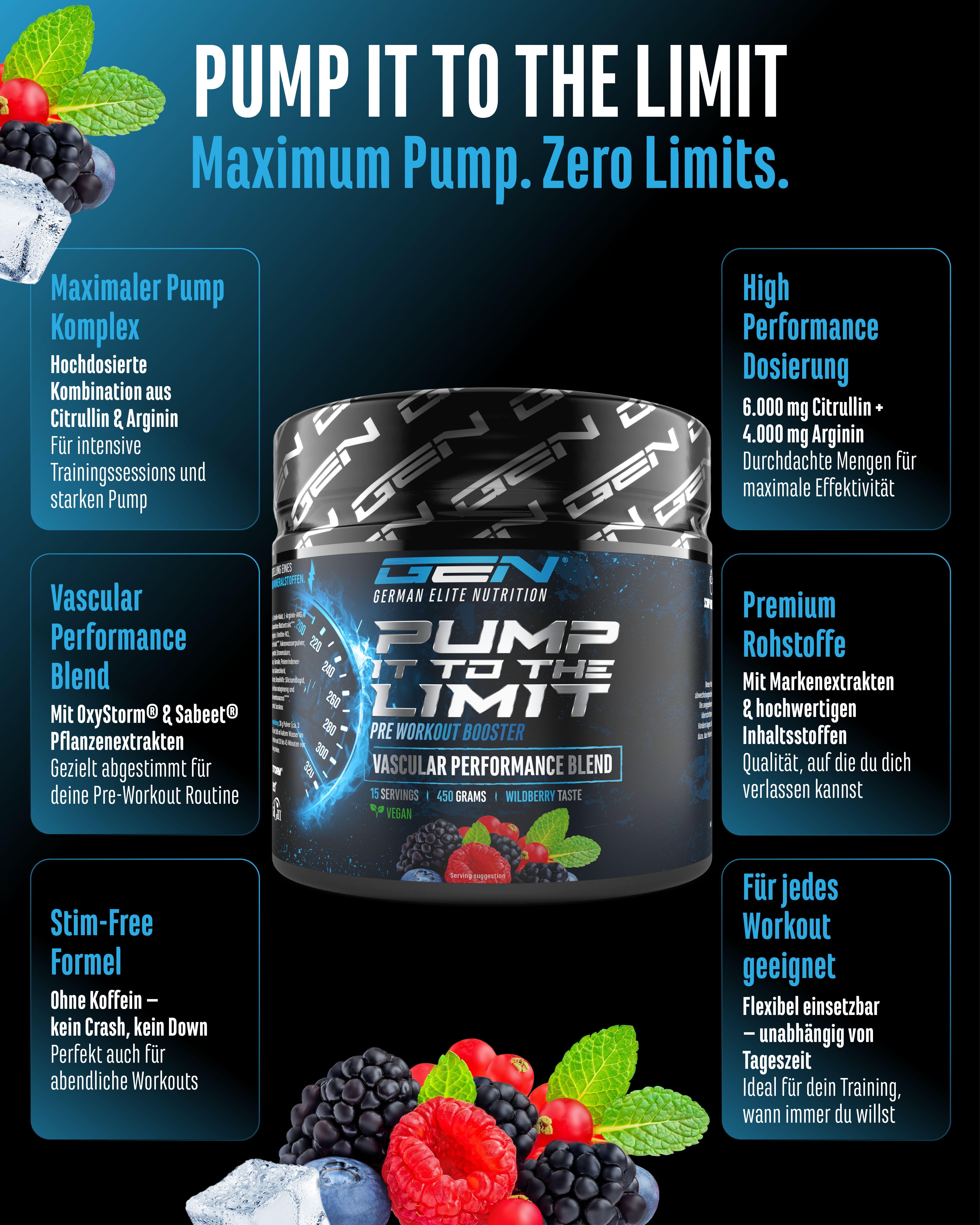 Dose GEN Pump it to the Limit 2.0. Maximale Pump, Hochdosierte Kombination, Vascular Performance Blend, Stim-Free Formel.