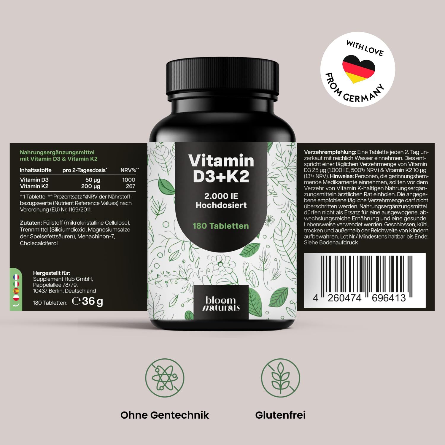 Bloom Naturals Vitamin D3+K2 180 Tabletten Flasche mit Nährwertangaben und Siegeln.