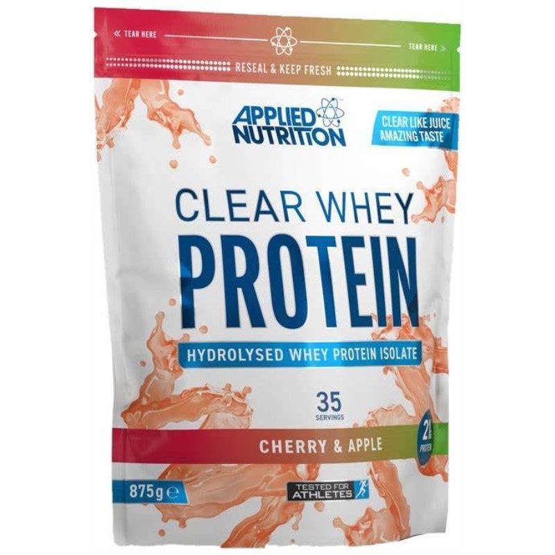 Beutel mit Applied Nutrition Clear Whey Protein. Aufschrift: Clear Whey Protein, Cherry & Apple. Enthält 35 Portionen.