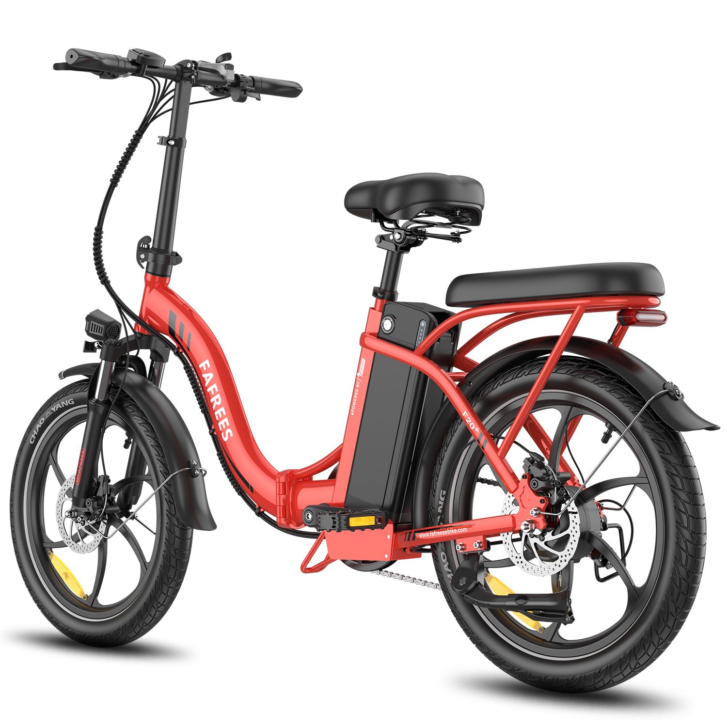 Rotes Fafrees F20+ Klapp-E-Bike. Schwarze Reifen, Sattel und Akku. Marke sichtbar.