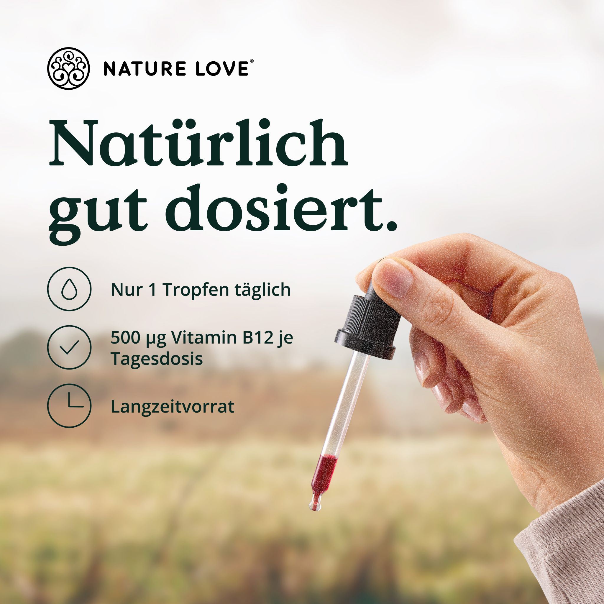 Hand hält Pipette mit roter Flüssigkeit, daneben Text über Dosierung von Vitamin B12.