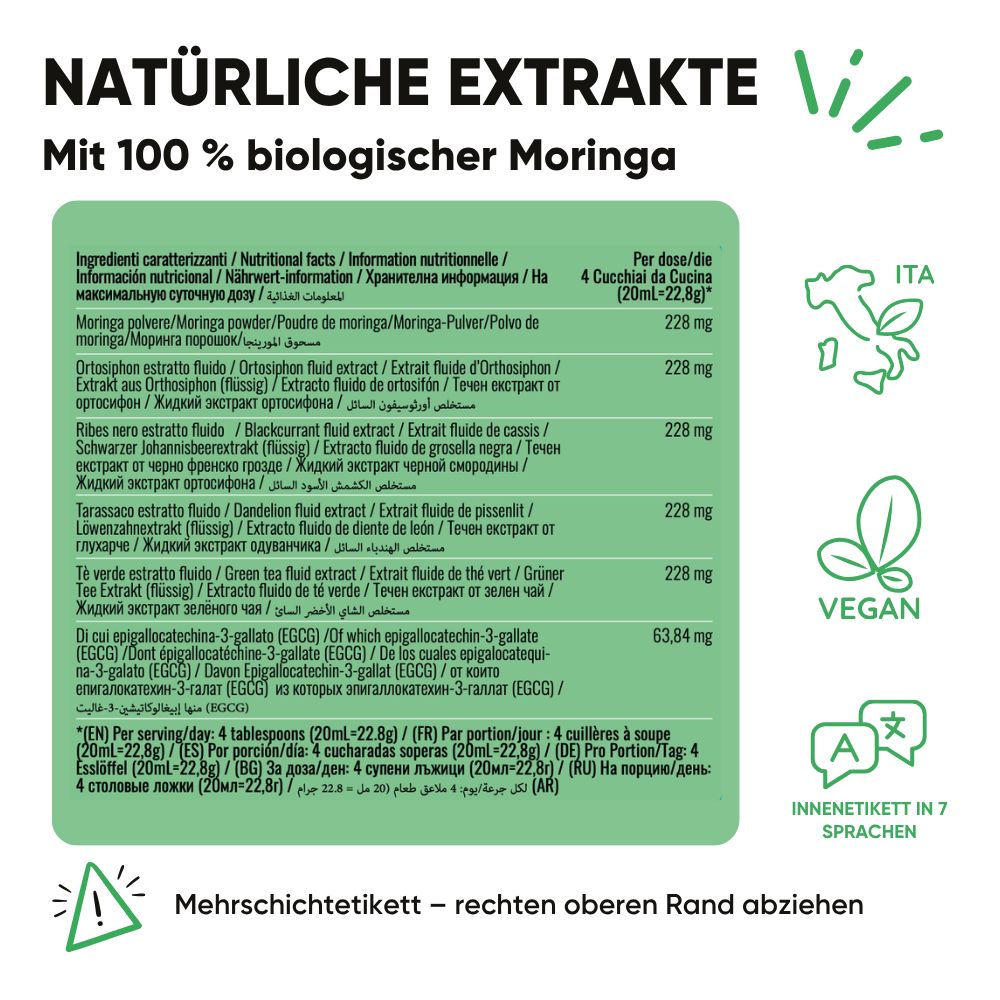 Etikett mit "Natürliche Extrakte" und "100% biologischer Moringa". Enthält Nährwertangaben und Siegel wie Vegan.
