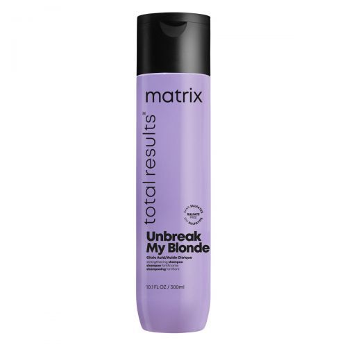 Flasche Shampoo, lila, mit schwarzem Deckel. Aufschrift: Matrix Total Results Unbreak My Blonde. 10.1 fl oz / 300ml.