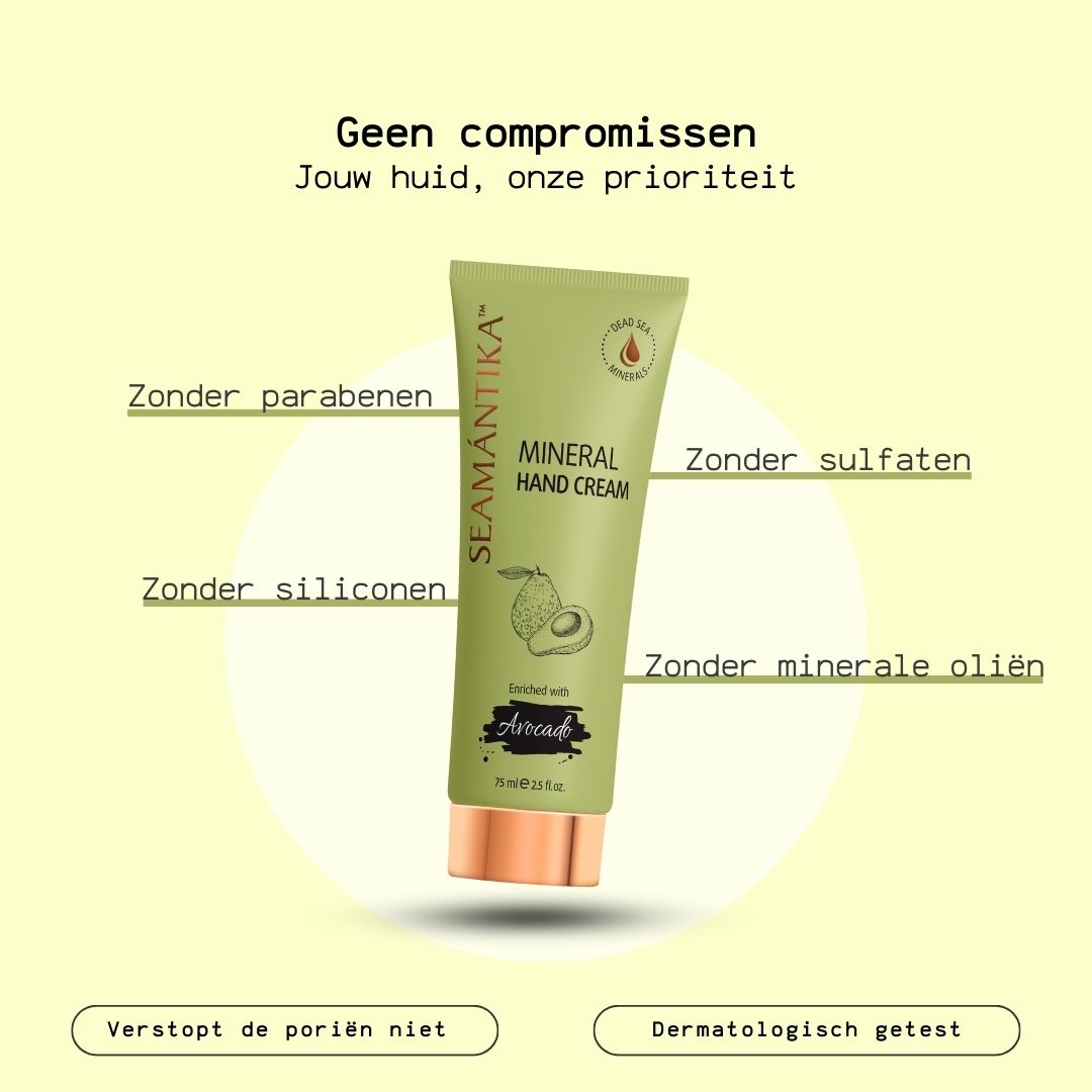 Groene handcrèmetube. Tekst: SEAMANTIKA, Mineral Hand Cream, Avocado. Zonder: parabenen, siliconen, sulfaten, minerale oliën.