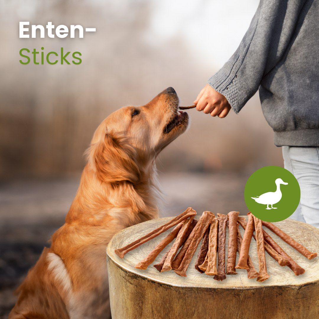 Hundekauartikel aus Entenfleisch, perfekt fürs Training.