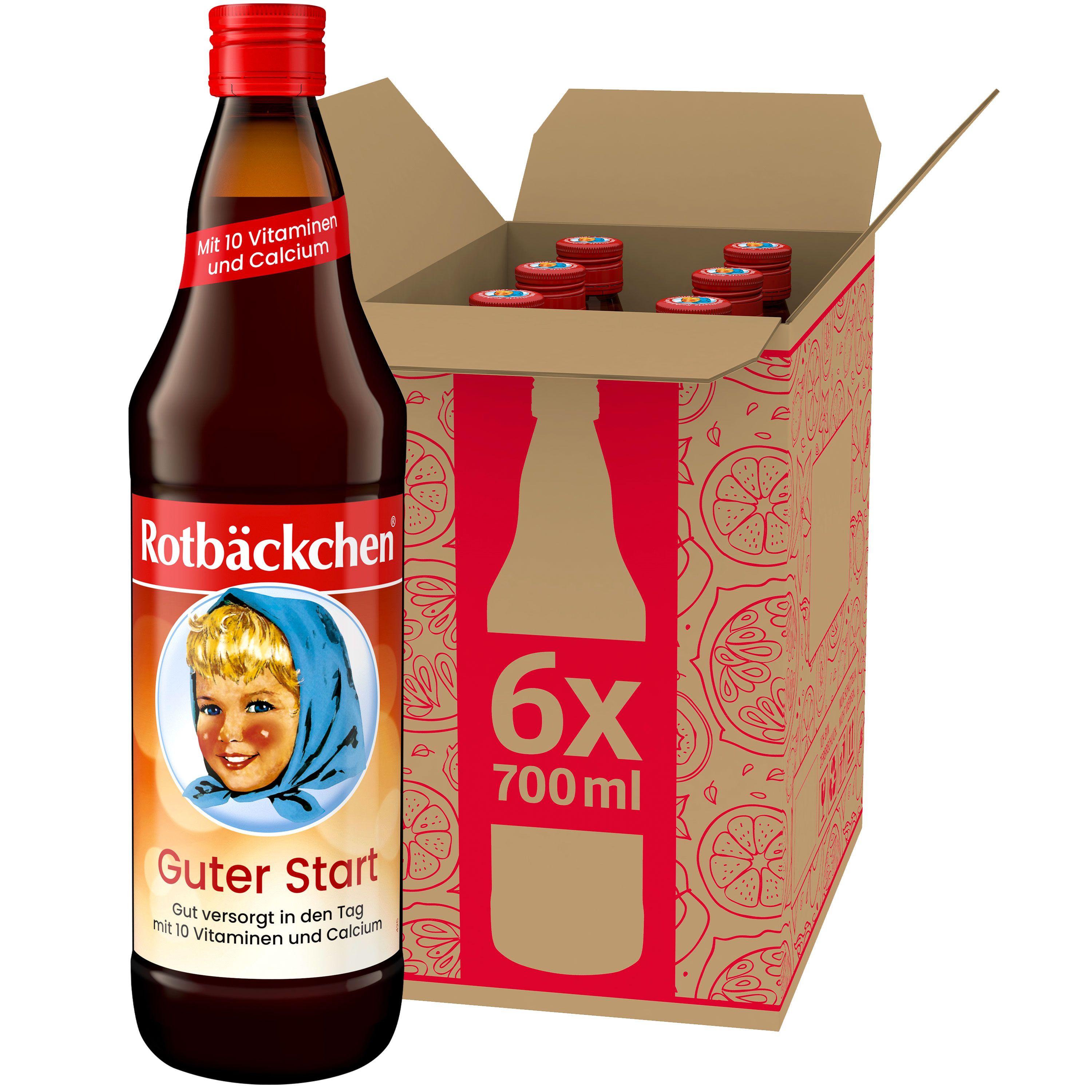Rotbäckchen Guter Start Flasche und Karton. Flasche mit rotem Deckel, Etikett mit Kind. Karton mit 6 Flaschen.