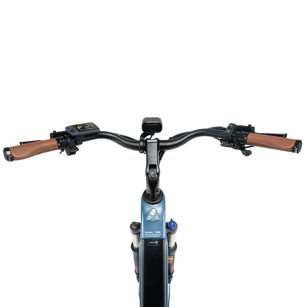 Blaues E-Bike-Lenkrad mit braunen Griffen. Oben montiertes Display und Licht. Schwarzer Lenker.