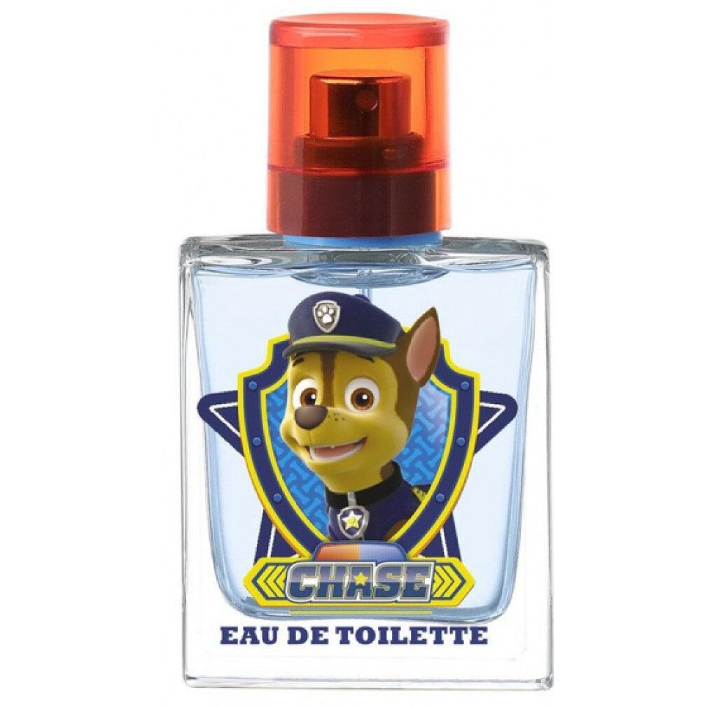 Rechteckiger Flakon mit orangefarbenem Deckel. Aufdruck mit Chase von Paw Patrol und Schriftzug 'Eau de Toilette'.