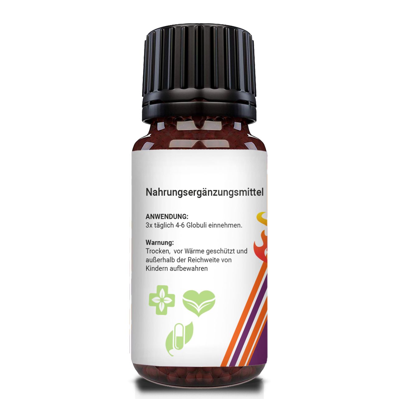 Rückseite einer braunen Glasflasche mit schwarzem Deckel. Etikett mit Text über Nahrungsergänzungsmittel, Anwendungshinweisen und Warnhinweisen.