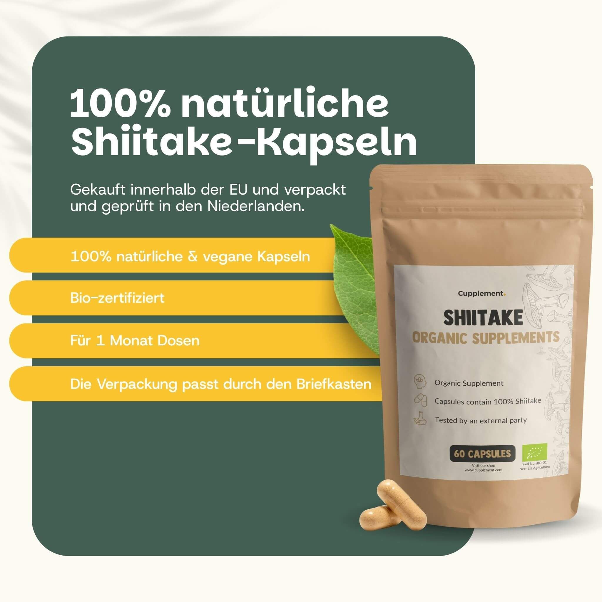 Beutel mit Shiitake-Kapseln. Text: Shiitake Organic Supplements, 60 Kapseln. 100% natürliche & vegane Kapseln. Zwei Kapseln daneben.