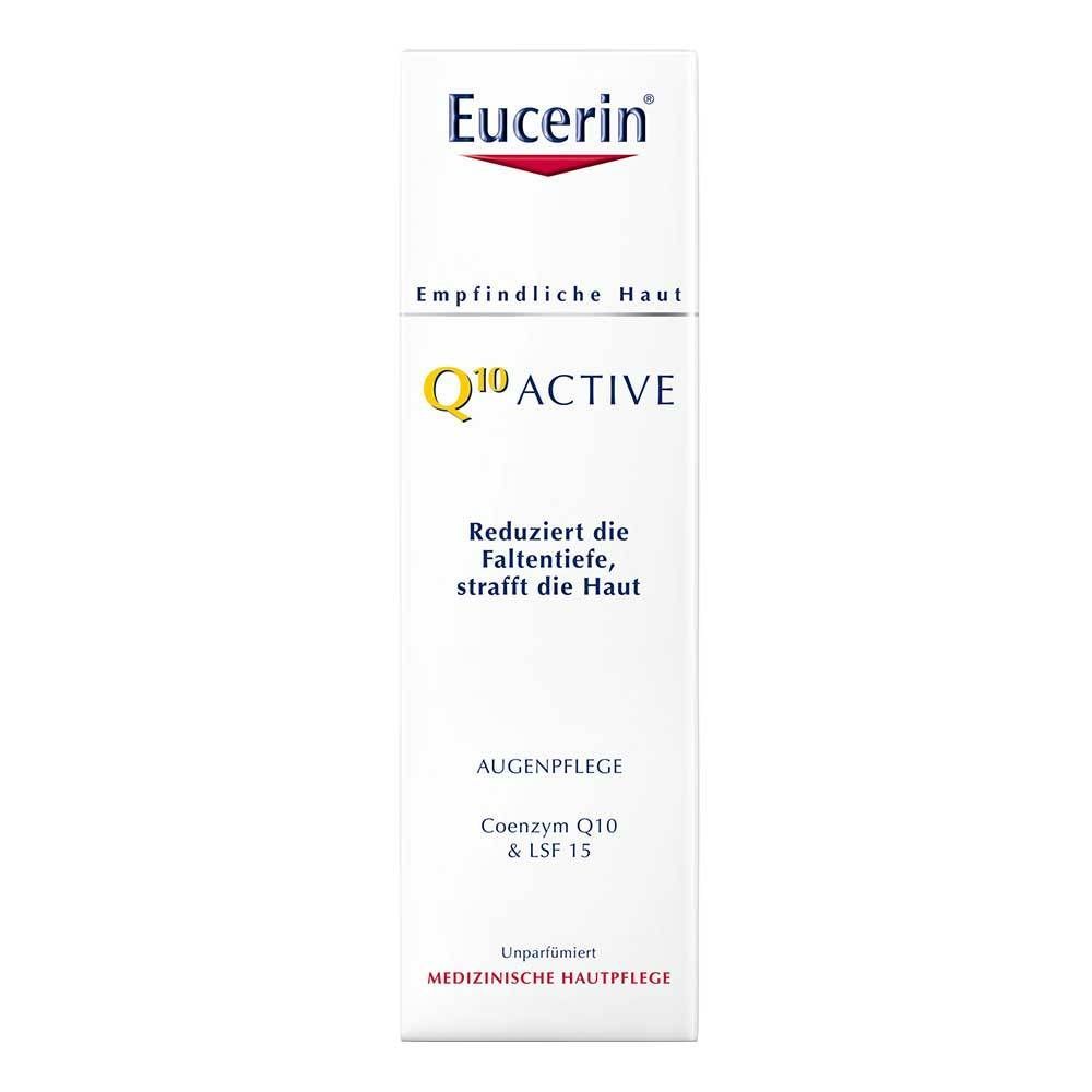 Weiße Verpackung mit Eucerin-Logo, Q10 Active und Produktinformationen. Text in Schwarz.