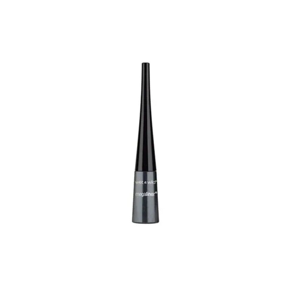 Schwarzer flüssiger Eyeliner. Schwarze Flasche mit silberner Aufschrift: Mega Liner. Schwarze Spitze.