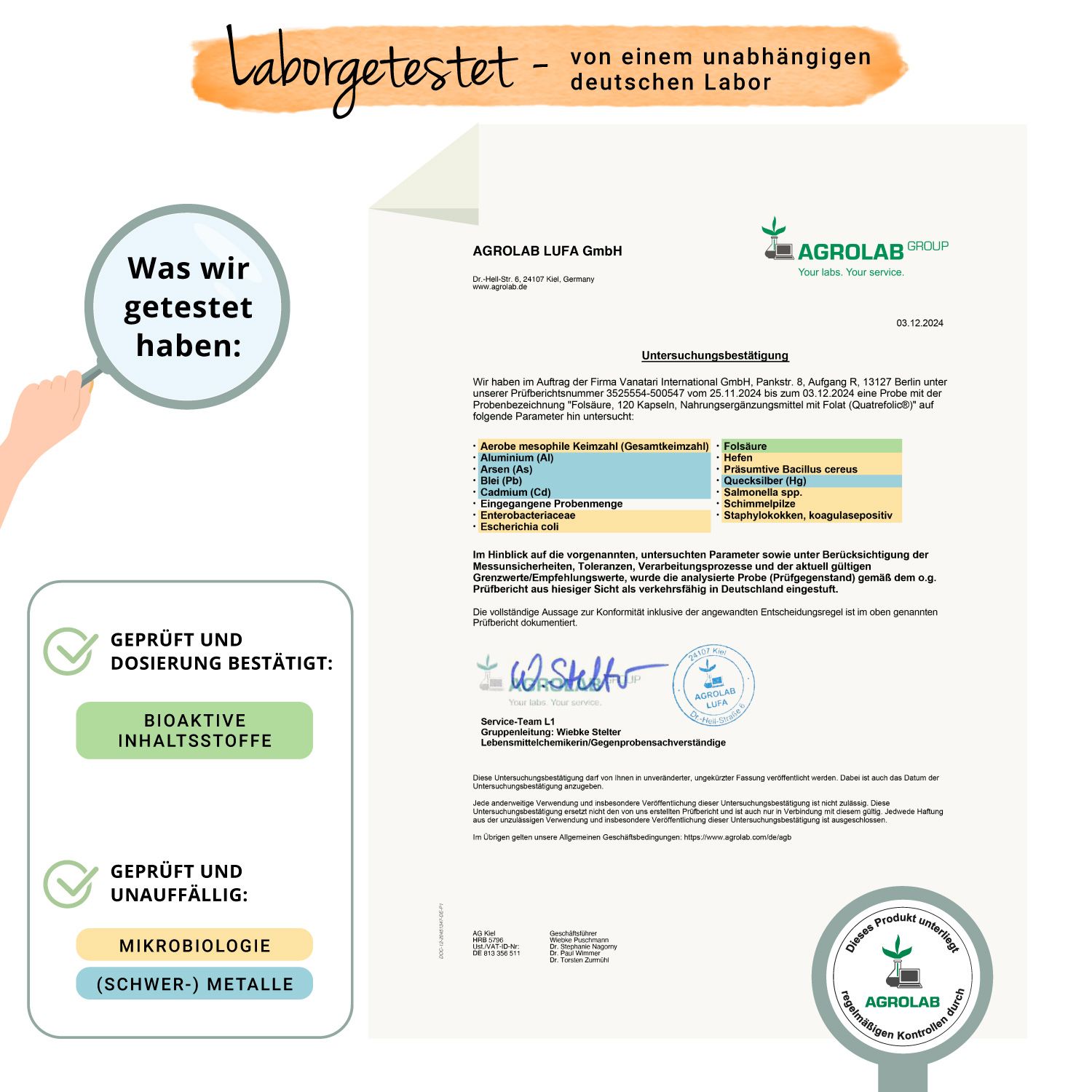 Zertifikat von Agrolab. Geprüft und bestätigt: Bioaktive Inhaltsstoffe. Geprüft und unauffällig: Mikrobiologie (Schwermetalle).