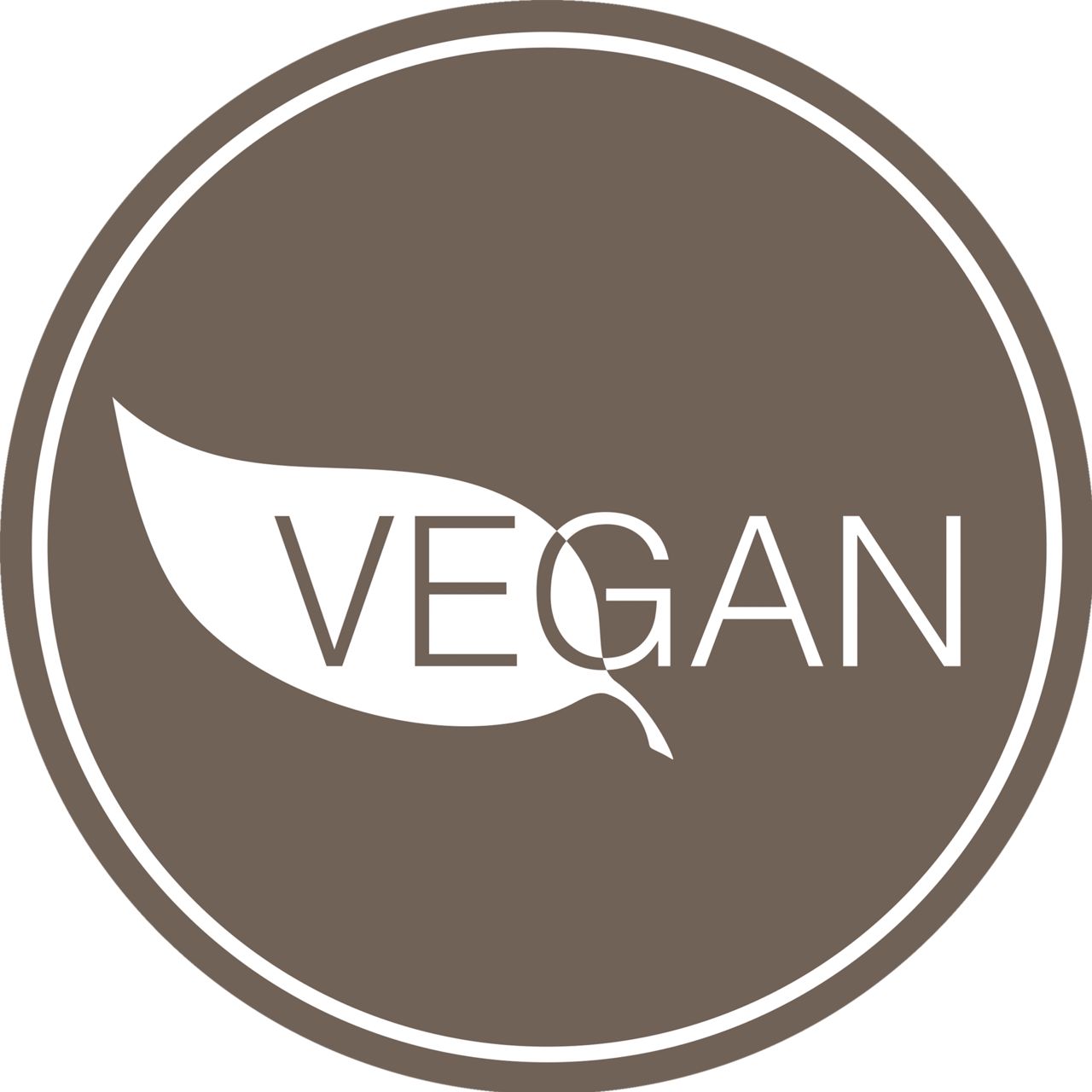 Runder, brauner Kreis mit einem weißen Blatt und dem Wort "VEGAN".