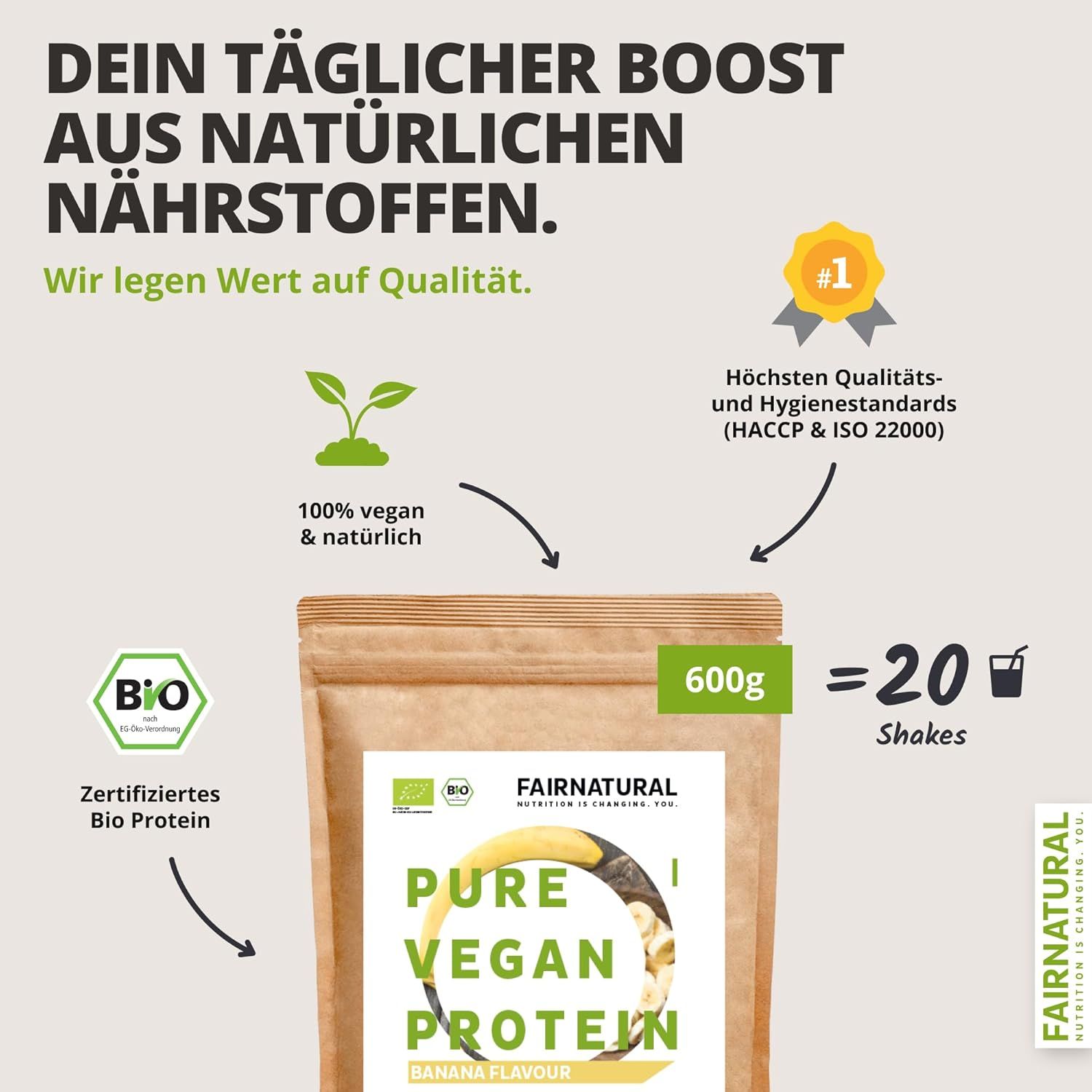 Beutel mit Pure Vegan Protein, Bananengeschmack. Text: Dein täglicher Boost aus natürlichen Nährstoffen. Bio-Siegel, 100% vegan & natürlich, 600g = 20 Shakes, Qualitätsstandards.