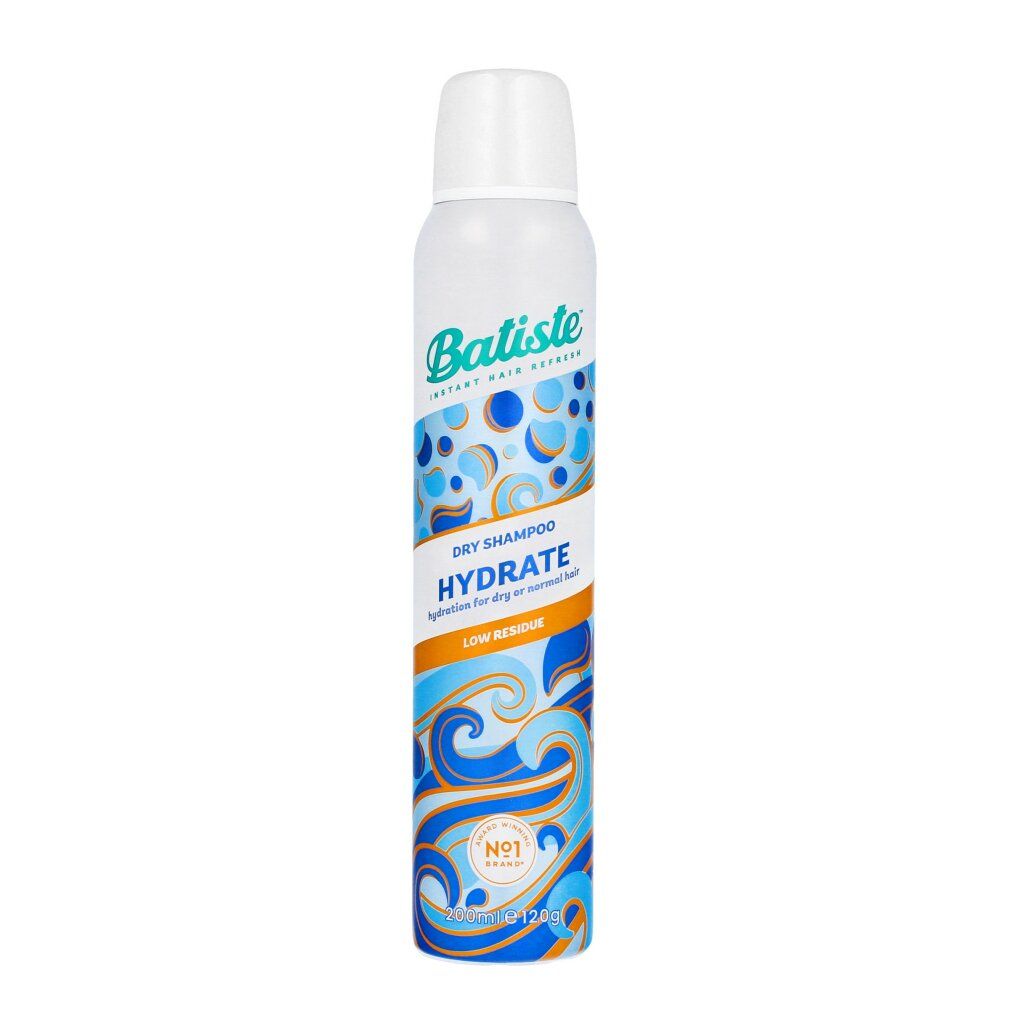 Batiste Trockenshampoo. Zylindrische Dose mit blauem Design. Text: Dry Shampoo Hydrate. Für trockenes Haar. Niedriger Rückstand.