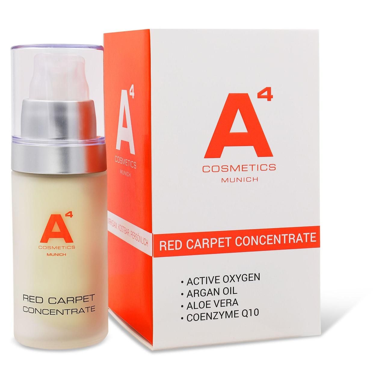 A4 Cosmetics Red Carpet Concentrate. Flasche und Verpackung. Rote Schrift, Logo. Enthält Wirkstoffe wie Arganöl und Aloe Vera.