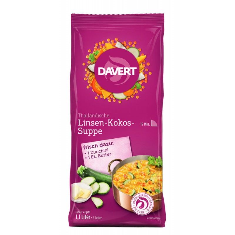 Verpackung von Davert Linsen-Kokos-Suppe. Lila Beutel mit Logo und Produktbezeichnung. Zucchini und Butter daneben.