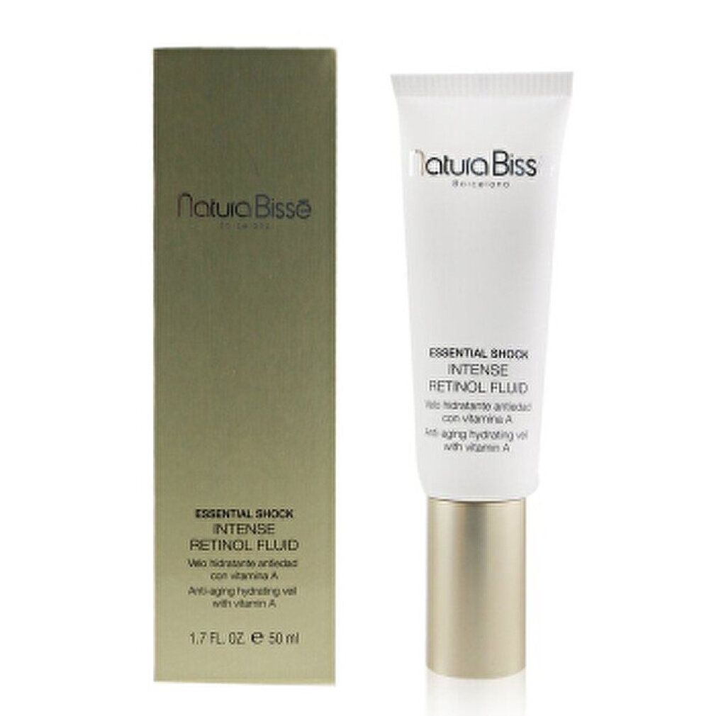 Weiße Tube mit goldfarbenem Verschluss. Aufdruck: Natura Bissé, Essential Shock Intense Retinol Fluid. Mit Faltschachtel.