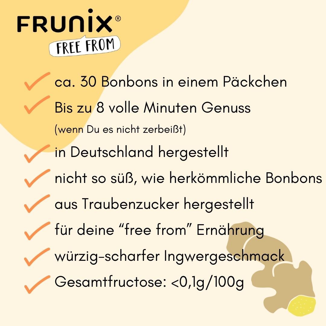 Liste mit Vorteilen: ca. 30 Bonbons, bis zu 8 Minuten Genuss, hergestellt in Deutschland, nicht so süß, Traubenzucker, free from, Ingwergeschmack.