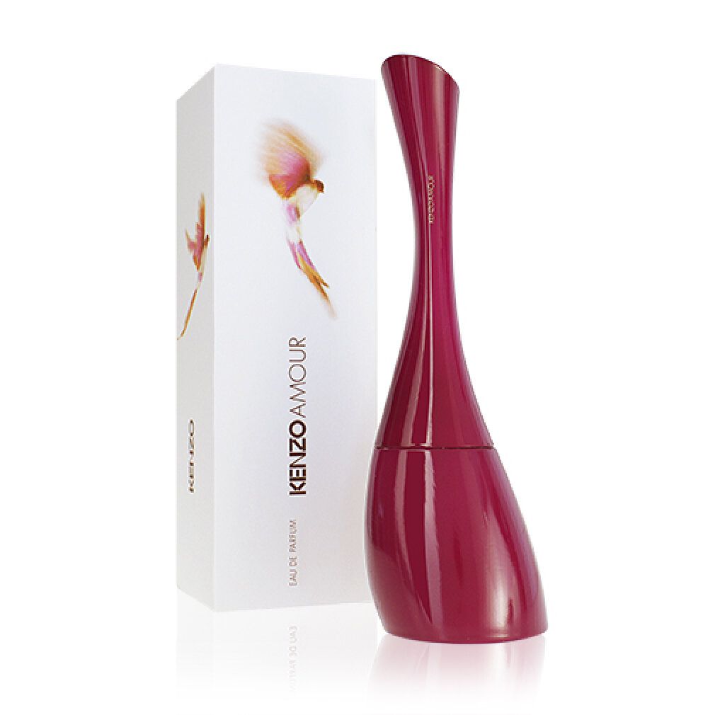 Flasche und Verpackung von Kenzo Amour Edp Spray. Flasche pink, geschwungene Form. Verpackung weiß mit Logo und Vogelmotiv.