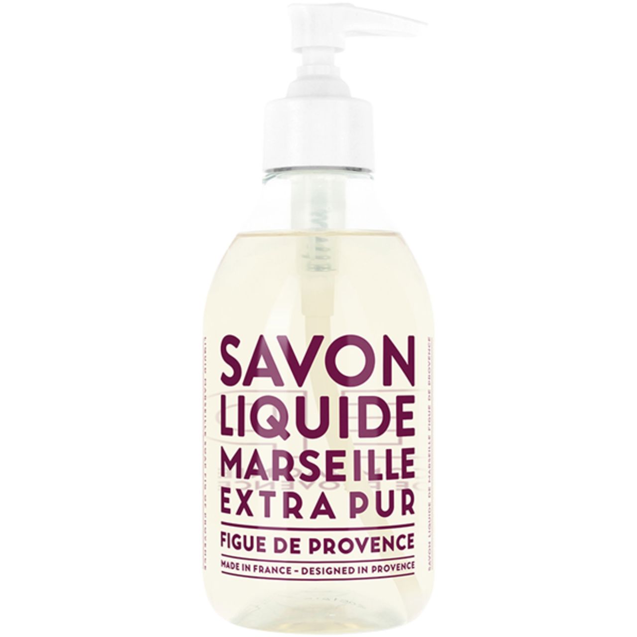 Transparente Flasche mit Pumpe. Aufschrift: Savon Liquide Marseille Extra Pur Figu de Provence.